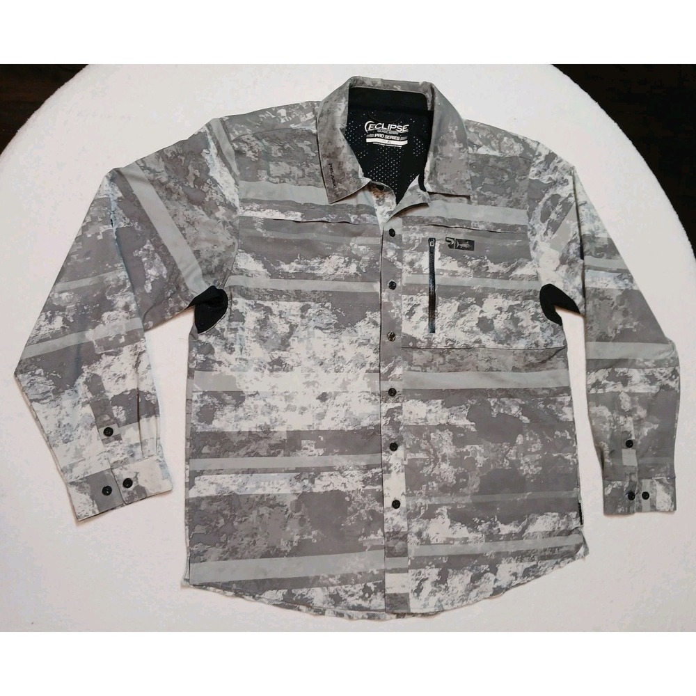 Pelagic Mens XL Gray Camo Eclipse Guide Shirt Pro Series Vented Fishing L/S
